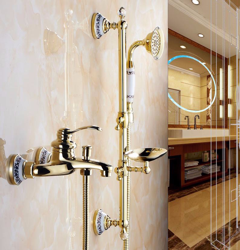 Fontana Sassari Wall Mount Gold Brass Shower Set With Soap Dish